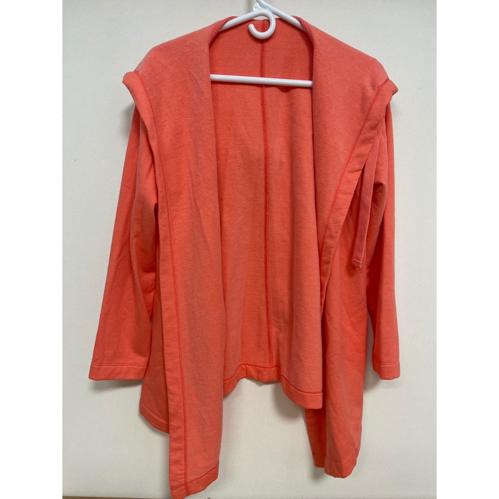 Eddie Bauer Womens Coral Orange Open Front Hooded Fleece Cardigan Wrap Small